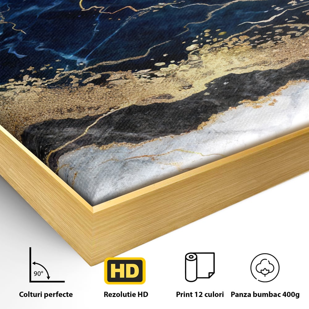 Detaliu al suprafetei: tablou canvas cu marmura abstracta, in rama de aluminiu auriu